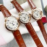 Replica Cartier Ballon Bleu De Rose Gold Red Leather Moonphase White Face Roman Dial Watch